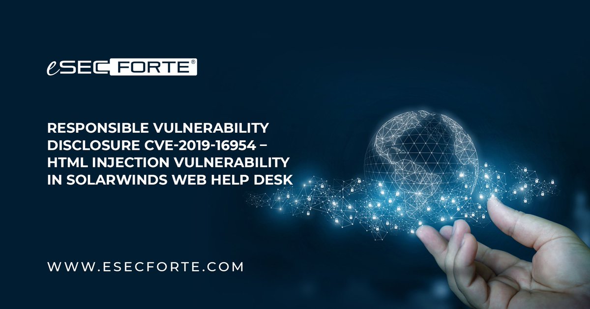 esecforte's tweet photo. Blog Post Alert - 
Read our latest blog on Responsible Vulnerability Disclosure CVE 2019-16954, HTML Injection Vulnerability in Solarwinds Web Help Desk
Read Here - https://t.co/DhuZc0yi1a
VD Link - https://t.co/1zkYP5Pwh9

#CVE #blogpostalert #cybersecurity #infosec https://t.co/DGv8Tm0ZiJ