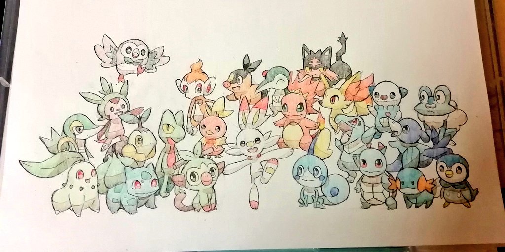 ポケモン 12月の最初の方に描いたやつですが 歴代御三家の集合絵 今もポケモンの日に向け Hk のイラスト