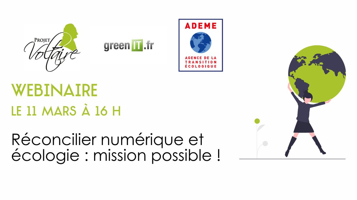 [#NumériqueResponsable]💻
Réconcilier #numérique &amp; #écologie : mission possible ! 
➡️L'<a href="/ademe/">ADEME</a> et <a href="/greenit/">GreenIT.fr</a> vs présenteront les solutions pr réduire l’impact de nos activités numériques sur l’#environnement lors du #webinaire <a href="/Projet_Voltaire/">Projet Voltaire</a>
📅11/03 à 16h👉register.gotowebinar.com/register/28507…