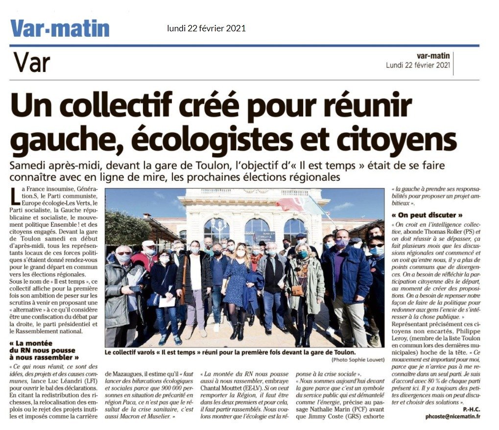 #UnionGaucheEtEcologie #ilesttemps #PACA 
La campagne il est temps dans le var est lancée . Signez et appelez à faire signer : un lien ilesttemps.net