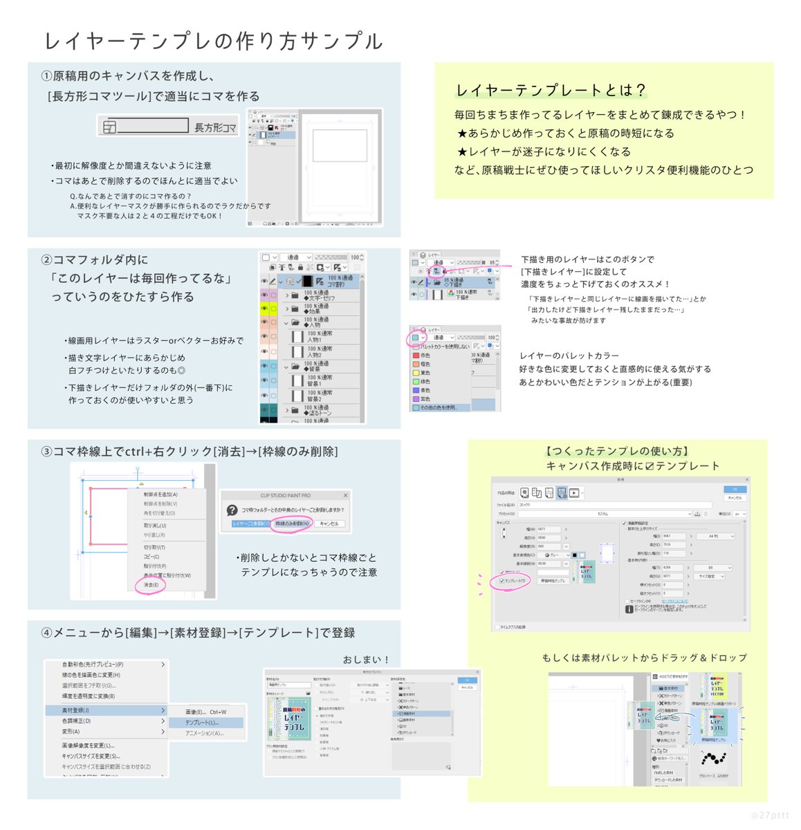 クリスタを使ってページ数の多い漫画を描くなら 自分だけのテンプレートを作っておいて損はない はず ということを伝えたいレイヤーテンプレの作り方４コマメモです 漫画の描き方は人それぞれなので機能の参考程度にみてください Clipstudio