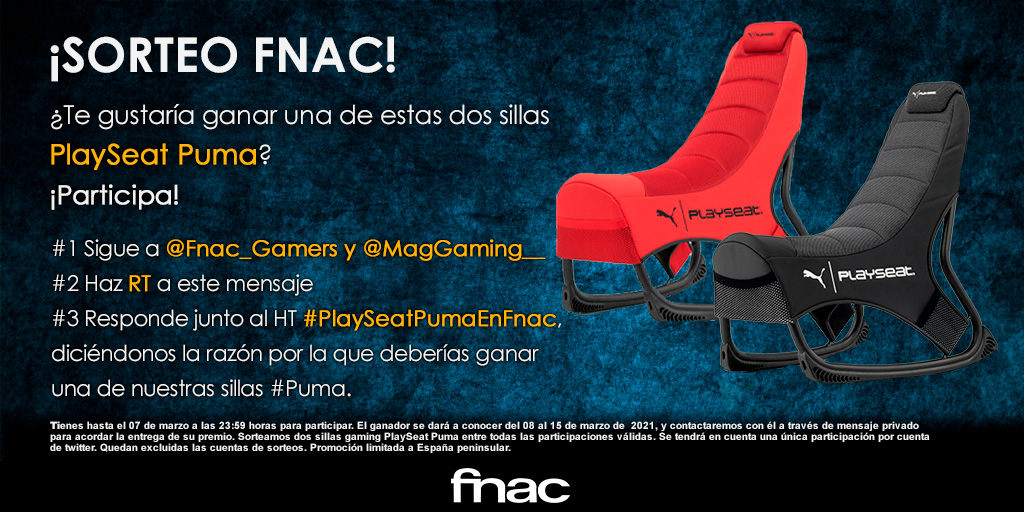 Fnac_Gamers's tweet image. Este mes, la cosa va de sillas. ¿Quieres hacerte con una de nuestras dos sillas #PlaySeatPuma?💺

✅Sigue a @Fnac_Gamers y @MagGaming__
✅Haz RT a este mensaje
✅Responde junto al HT #PlaySeatPumaEnFnac, diciéndonos la razón por la que deberías ganar una de nuestras sillas #Puma.