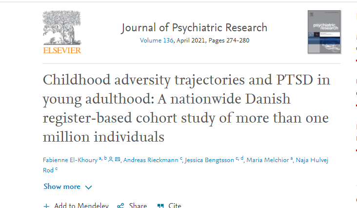 Fabienne_EK's tweet photo. Children exposed to childhood adversity are more likely to be diagnosed with PTSD in later life.
Our results based on data from #DANLIFE a nationwide Danish register based cohort.
@mkmelchior @HulvejRod @uni_copenhagen
https://t.co/3iFA3gXOeo https://t.co/xdZF0MoBKP