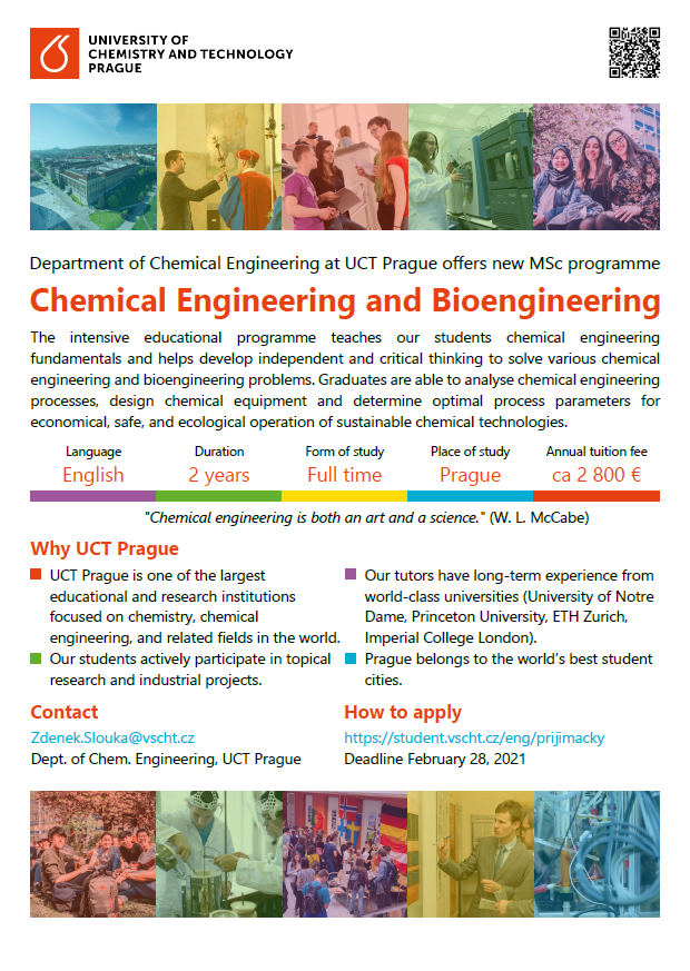 CejkovaJitka's tweet photo. We offer a new two-year MSc programme in Chemical Engineering and Bioengineering.
Deadline for applications 28 Feb 2021. 
@VSCHT
#chemicalEngineering
#bioengineering
#studyAbroad 
#studyInPrague 
https://t.co/FRnUxakHyB
#studyInCzechia https://t.co/pQyCtSzFCo