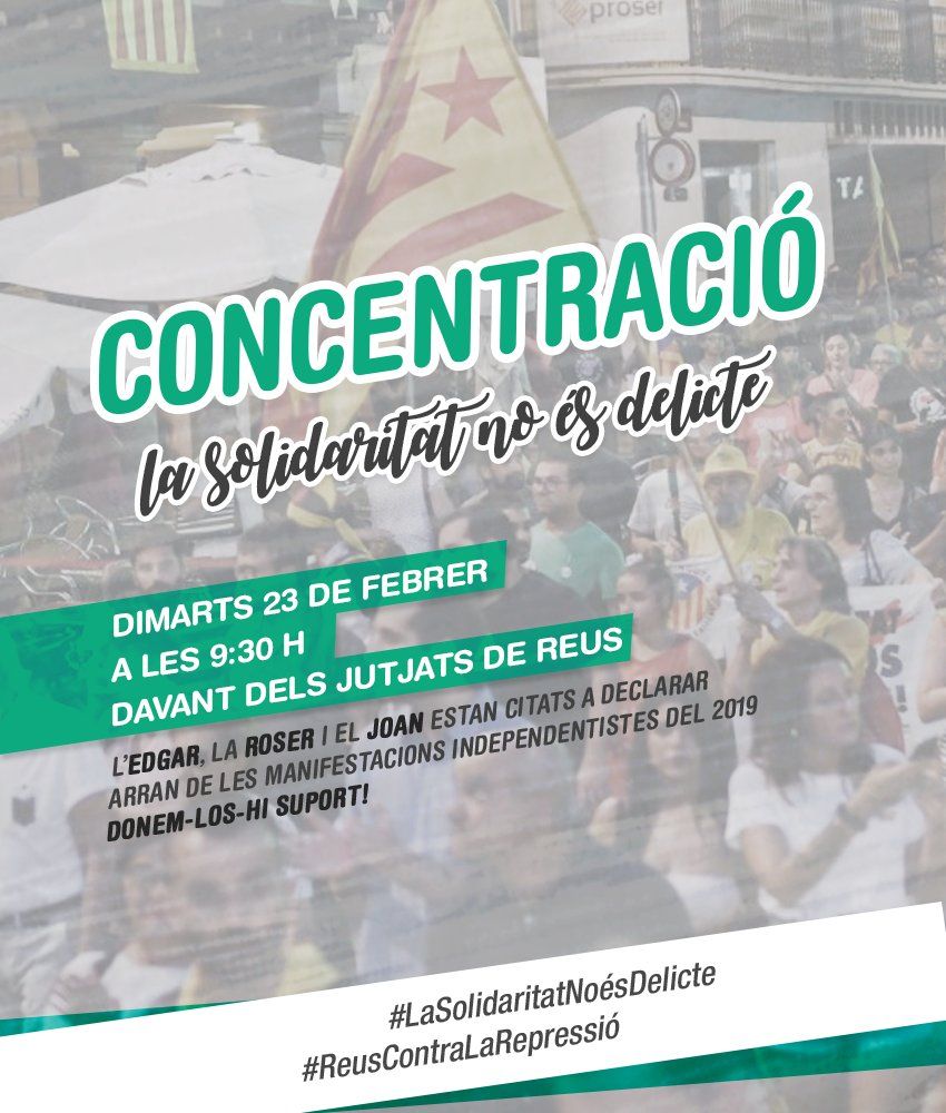 📢 CONCENTRACIÓ JUTJATS
Aquest dimarts 23 de Febrer a les 9:30h davant dels Jutjats de #Reus, hi haurà una concentració a favor de tres reusenques que estan citades en relació a les mobilitzacions post-sentència, on entre ells està <a href="/EdgarFdz/">Edgar Fdz</a> (<a href="/CUPReus/">CUP Reus</a>). #ReusContraLaRepressió