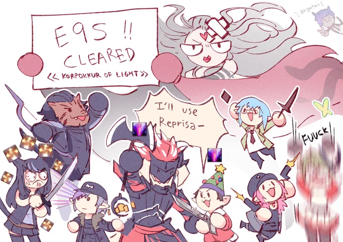 I drew a pic every time our static cleared a fight with some highlights ^0^! We sadly disbanded before clearing e12s but I drew one for the rest of us who continued pugging!Thank you to these band of 8 ppl! It was rly fun!!! ;w;!!!#FFXIV #FF14 #FFXIVART 