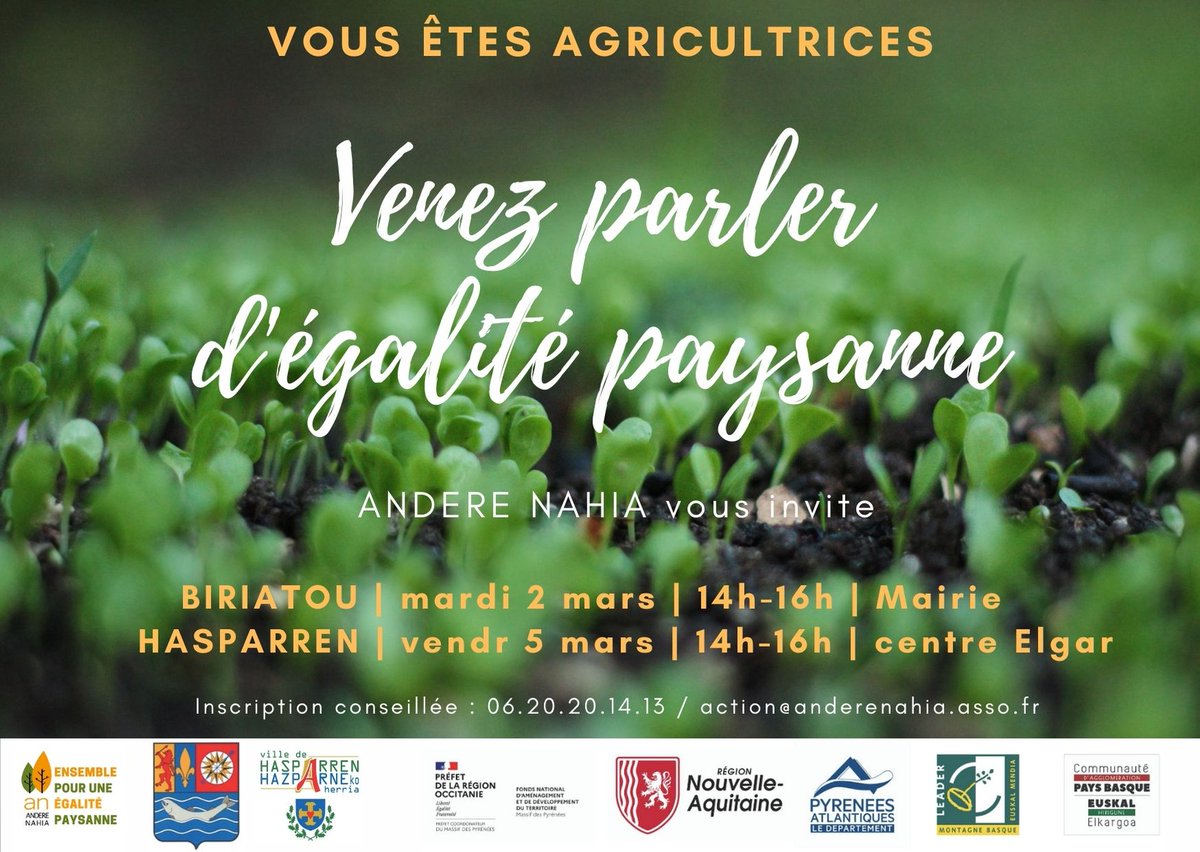 Les rencontres entre agricultrices continuent en mars ! RDV le 2/03 sur Biriatou et le 5/03 sur Hasparren ! Préinscription conseillée, masque et sourire à ne pas oublier 😅. On vous attend nombreuses pour ces échanges qui construisent l'égalité paysanne de demain ! A très vite !