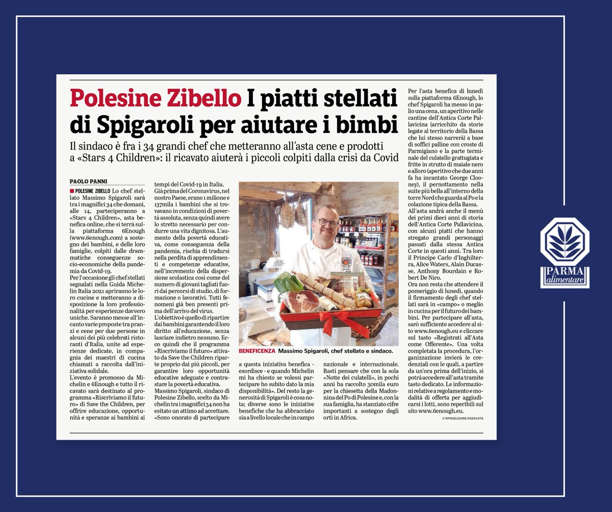 Oggi 34 chef stellati <a href="/Michelin/">Michelin</a> saranno impegnati a raccogliere fondi per <a href="/SaveChildrenIT/">Save the Children IT</a>, con il progetto "Stars 4 Children". Per #ParmaCityOfGastronomy è in campo chef Massimo Spigaroli!