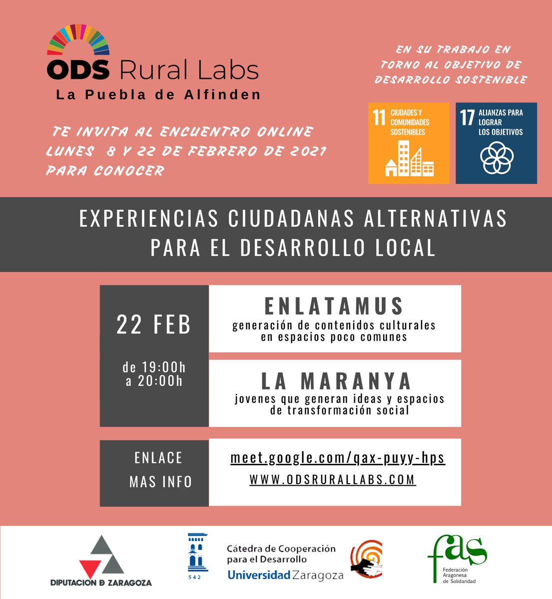 ¿Espacios culturales y juveniles en el medio rural? <a href="/odsrural/">ODSrural_lab</a> lab de <a href="/unizar/">Universidad Zaragoza</a> y el grupo motor de #laPuebladeAlfinden dialogan hoy con <a href="/enLATAmus/">Micromuseo enLATAmus</a> y lamaranya.org, experiencias comunitarias de dinamización local. Acompáñanos 7PM en 👉 meet.google.com/qax-puyy-hps  #ods #sdg