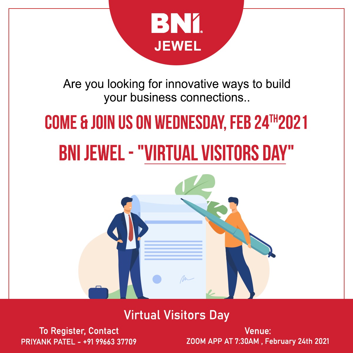 Increase, Multiply and Cherish your Business....
We Invite You, for
Online Visitor's Day..
Come and Join with Us @BNI Jewel on February'24th at 7:30am
#bnijewel #bnionline
