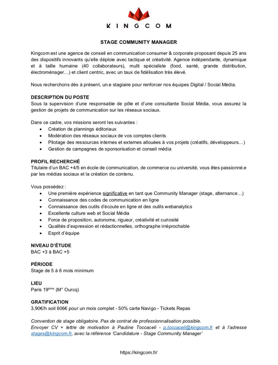 Nous recherchons dès à présent un/e stagiaire Community Manager ayant déjà une première expérience significative en Community Management pour renforcer notre équipe. Envoyez-nous votre CV ! 👇