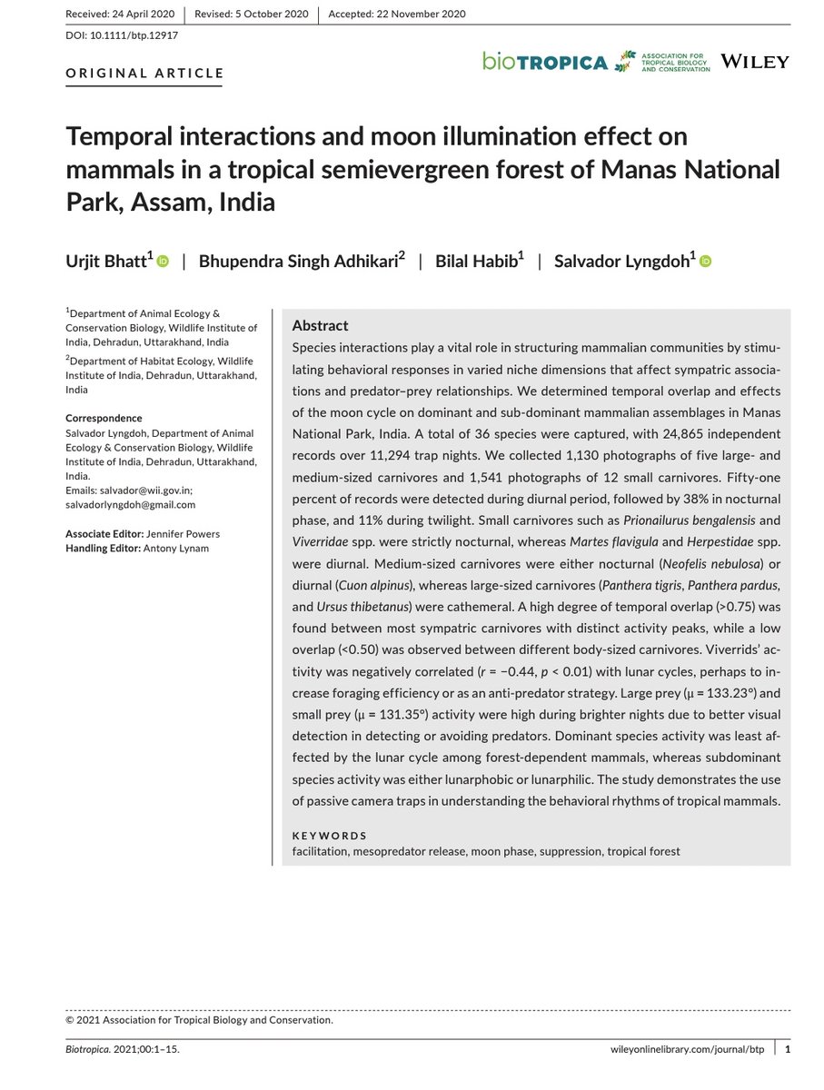 urjit_bhatt's tweet photo. Our new publication in #biotropica! We investigated the #activitypatterns of #tropicalmammals in terms of effects of #lunarcycles as manifestations of interactions amongst #dominant species over #subdominant counterparts. 
https://t.co/X4OyH0TBx2 https://t.co/jEKYgnZ1So