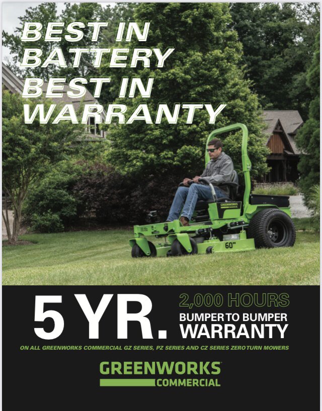 StevenGoeree's tweet photo. All new 5yr 2,000hr warranty!!! @gwtoolscanada  #GoGreen #GoGreenWorks #zeroemission #landscape #LawnCare https://t.co/Zydj6eiZUX