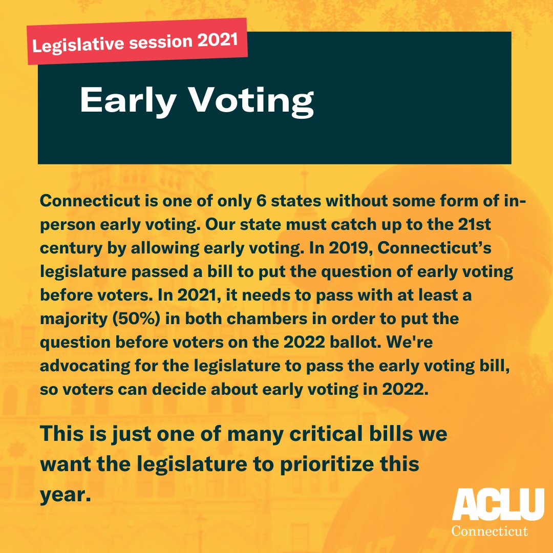 Meme with orange background. Dark green rectangle on the top center with the words "Early Voting" in white. Top left hand corner is a slanted red rectangle with the words "Legislative session 2021" in white. The words "Connecticut is one of only 6 states without some form of in-person early voting. Our state must catch up to the 21st century by allowing early voting. In 2019, Connecticut’s legislature passed a bill to put the question of early voting before voters. In 2021, it needs to pass with at least a majority (50%) in both chambers in order to put the question before voters on the 2022 ballot. We're advocating for the legislature to pass the early voting bill, so voters can decide about early voting in 2022. This is just one of many critical bills we want the legislature to prioritize this year." in dark green. ACLU-CT logo in white on the bottom right hand corner.
