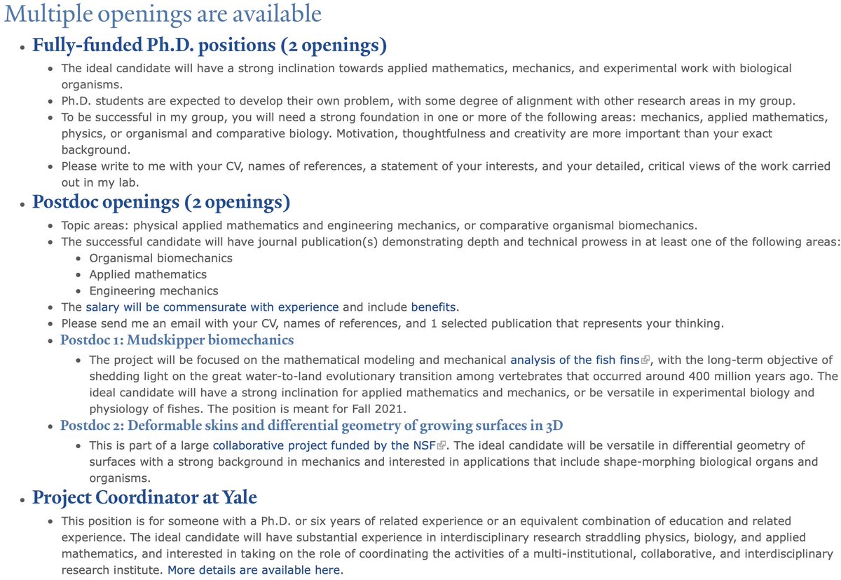 There are multiple openings in my group. Please RT.

* 2 postdocs.
* 2 Ph.D. students.
* 1 project coordinator.

Learn more at mvlab.yale.edu/openings.

Join us to study #comparativebiology and #biomechanics using #appliedmathematics and #engineeringmechanics. (2/2)