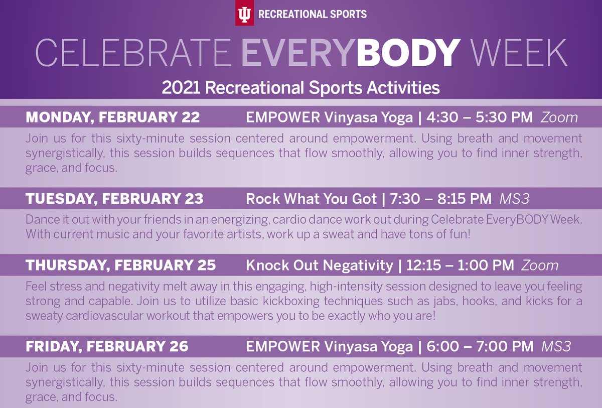 IURecSports's tweet photo. Happy Celebrate EveryBODY Week, Hoosiers! This is a week dedicated to loving yourself and your body exactly the way you are. Spread the positivity with us this week by posting #CEBW, attending Group Exercise sessions, and following along on Instagram to win special prizes! 💜 https://t.co/tTBxjpkZ6g