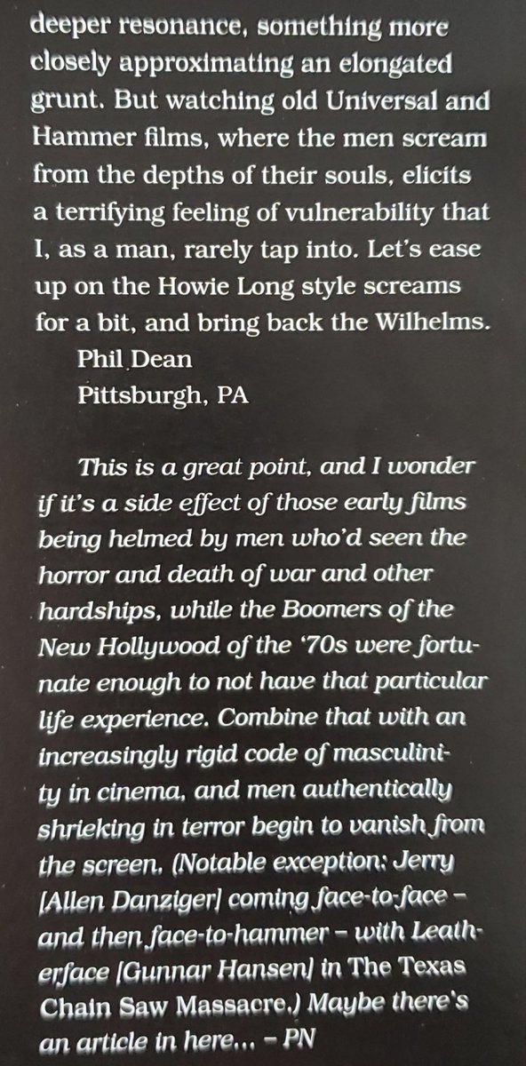 A fascinating observation about men screamin in cinema is brought up in the new issue of FANGORIA.