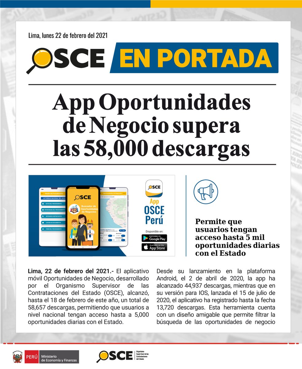 OECEPeru's tweet image. ¡Cada vez más peruanas y peruanos encuentran oportunidades de negocio con el Estado!¡Descarga la #AppOSCEPerú!
ℹHasta el 18 de febrero del 2021, se registraron 58 657 descargas, permitiendo que usuarios accedan hasta 5000 convocatorias vigentes diarias.🗞 bit.ly/3bsV4hY