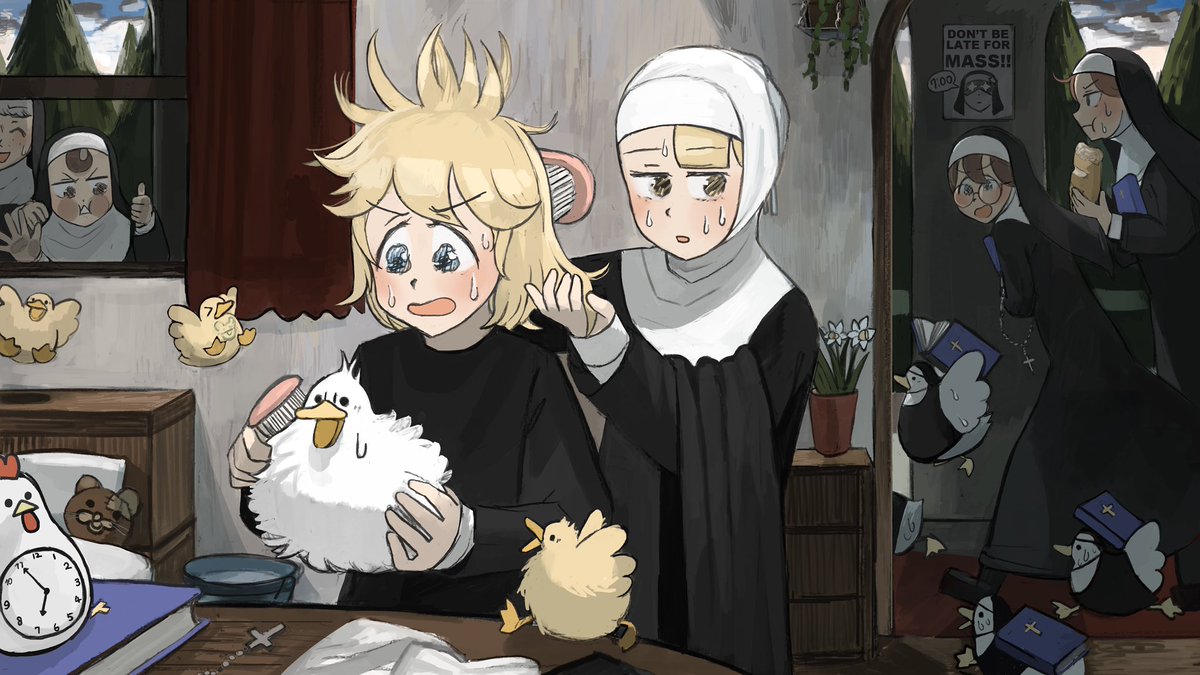 clumsy nun (diva) ,froggy nun (diva) ,spicy nun (diva) chicken catholic nun blonde hair multiple girls bird duck  illustration images