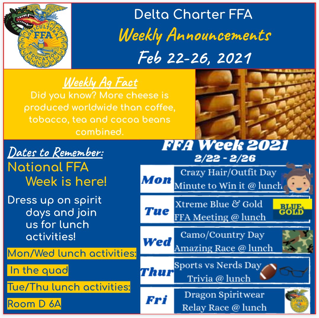 IT'S NATIONAL FFA WEEK! How to participate:
- Share your spirit dress-up day photos with #DeltaCharterFFAWEEK2021 or DM the photo to us &amp; Show your FFA Spirit! Remember - dressing up 4/5 days = 1 FFA point!!
Happy National FFA Week! 💙 💛