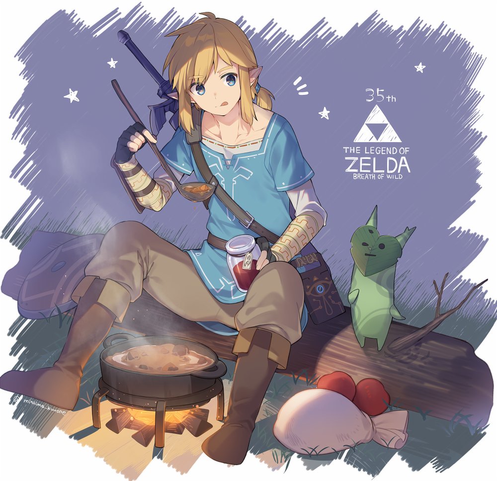 link 1boy male focus blonde hair food blue eyes pointy ears tongue out  illustration images