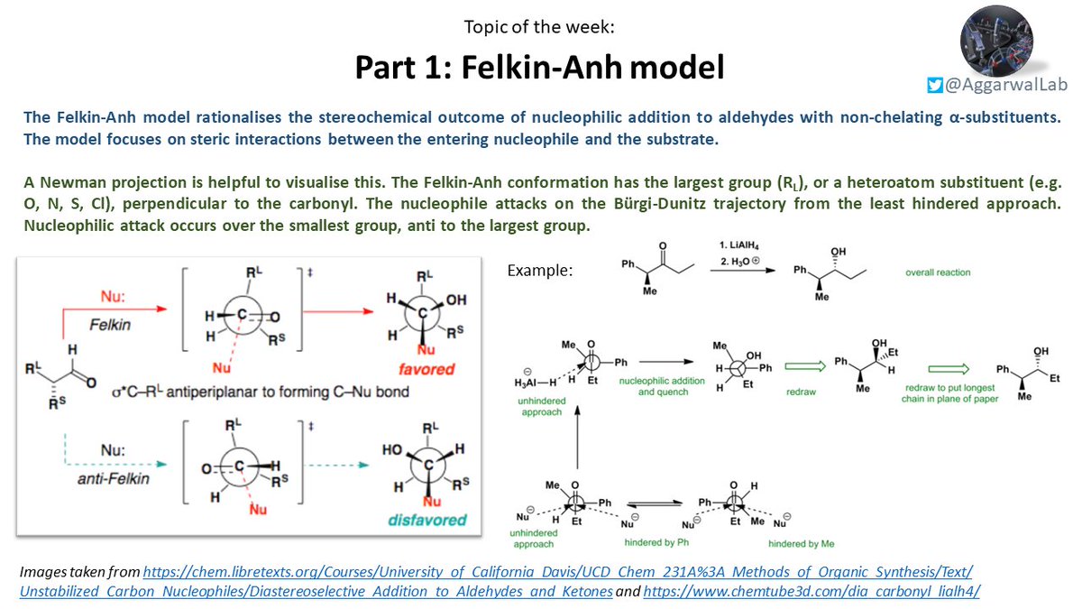 This week (as part of a series on stereoselective nucleophilic additions) we are looking at the Felkin-Anh model, which rationalises the stereochemical outcome of nucleophilic addition to aldehydes with non-chelating α-substituents: