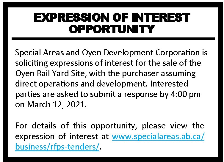 SA4RED's tweet image. Business Opportunity: Oyen Rail Yard Site 
Special Areas and Oyen Development Corporation is soliciting expressions of interest for the sale of the Oyen Rail Yard Site. 

#specialareas #oyenrailyardsite #rail #shortrailline

specialareas.ab.ca/business/rfps-…