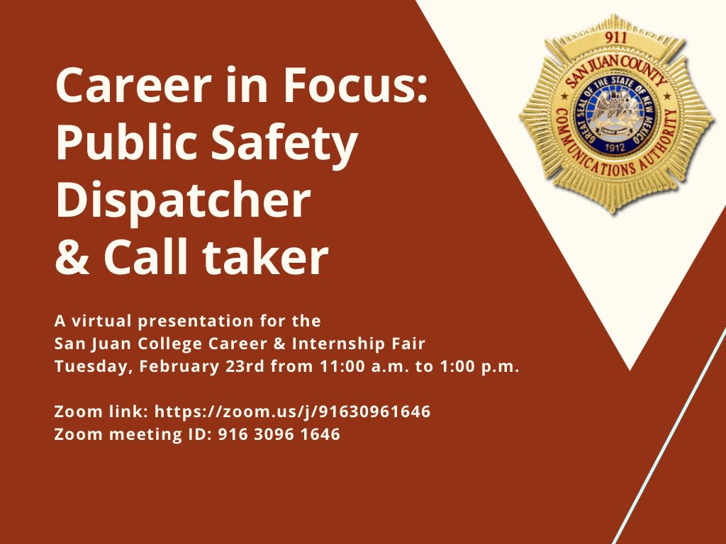 One of our Dispatchers will be available to discuss the application process, training, and benefits of working with us at SJCCA or answer general questions you may have about your local 911 dispatch center!

Zoom link: zoom.us/j/91630961646
Zoom meeting ID: 916 3096 1646