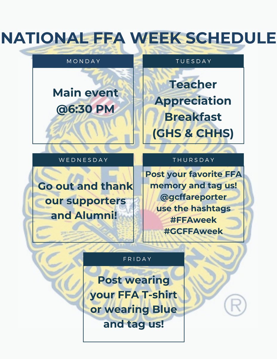 gcffareporter's tweet image. Good Morning Everyone! Here is our FFA Week Event Schedule! #GCFFA #CHPanther #GHSUnity #TexasFFA #FFAweek #gcffanationalffaweek