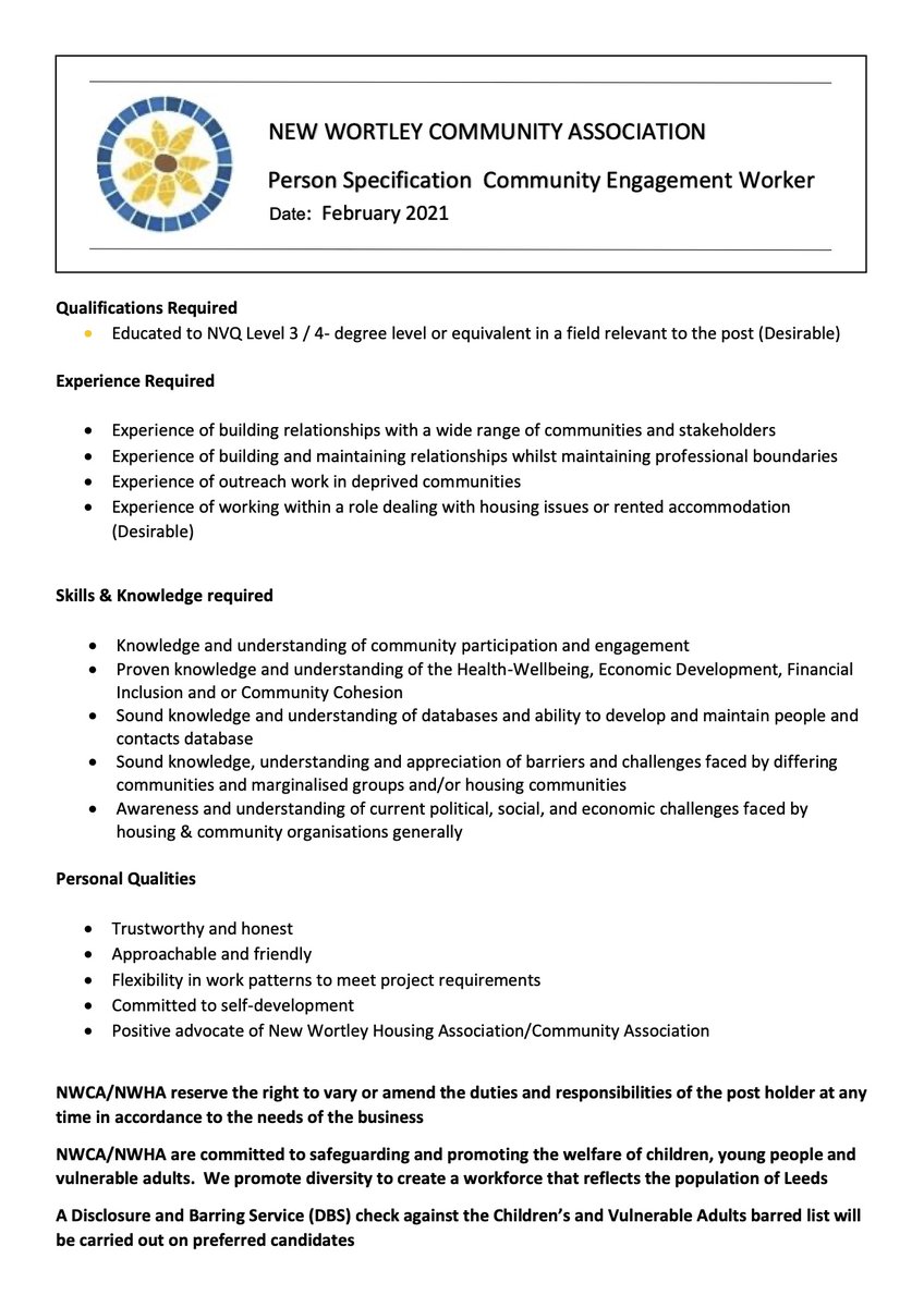 Job Advert – Community Engagement Worker. We are looking for an enthusiastic Community Engagement Worker to  carry out a range of community engagement activities 
See Job Description and Person Specification for further information. Please Share