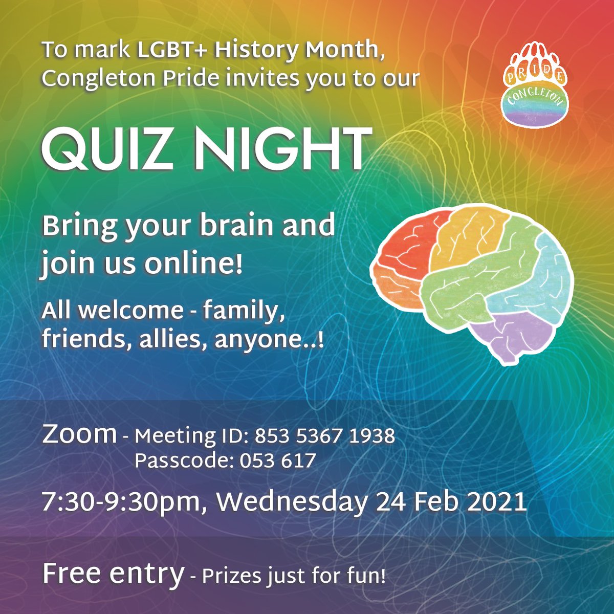 CongletonTown's tweet photo. Countdown to quiz time - only 2 days to go!
#Congletonpride are hosting a zoom quiz this Wednesday at 7.30pm. The quiz will be hosted by Richard Walton the Trustee of #Congleton #Pride. Richard and the team promise a family fun evening!
The quiz is free to join.

Good Luck! https://t.co/88ugAu9eX7