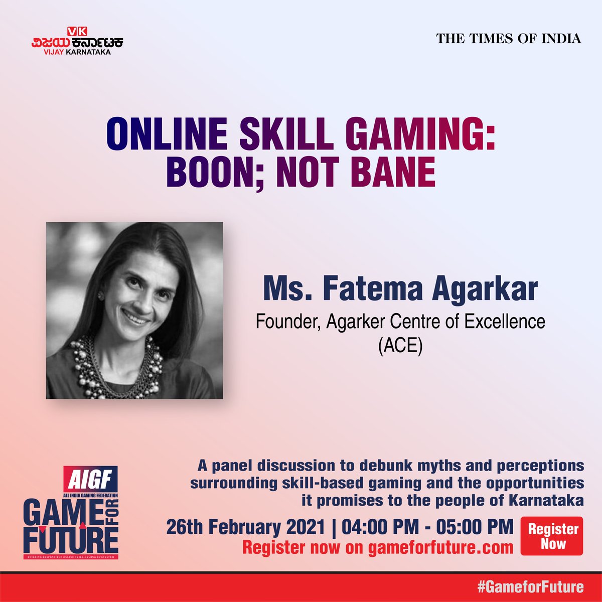 GameforFuture1's tweet photo. Fatema was recognized as one of the top 50 Indian leaders who can revive education - by Education World. @AgarkarFatima 

Join us as we debunk the myths &amp;perceptions surrounding skill-based gaming on 26th Feb, 4 PM Register- https://t.co/AalbVMJzQ0

#AIGF #GameForFuture https://t.co/hi0Q4KLMPJ