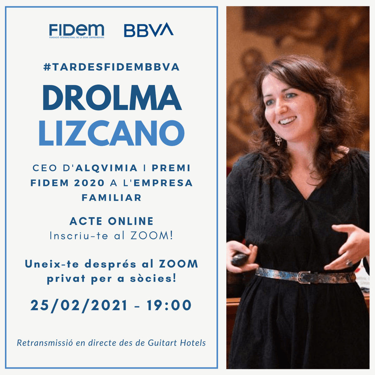 FundacioFidem's tweet photo. 🦸♀️ Drolma LIZCANO és la protagonista d'una nova #TardesFIDEMBBVA! 2 mesos després coneixem a la #PremisFIDEM20 a l'Empresa Familiar!
📅 Holocràcia, rebuig a les jerarquies i #NousLideratges el 25.02 a les 19:00h!
📲 Inscriu-te: https://t.co/Kv3DxXW9nR
#BBVACatalunya https://t.co/gHv17n0nbP