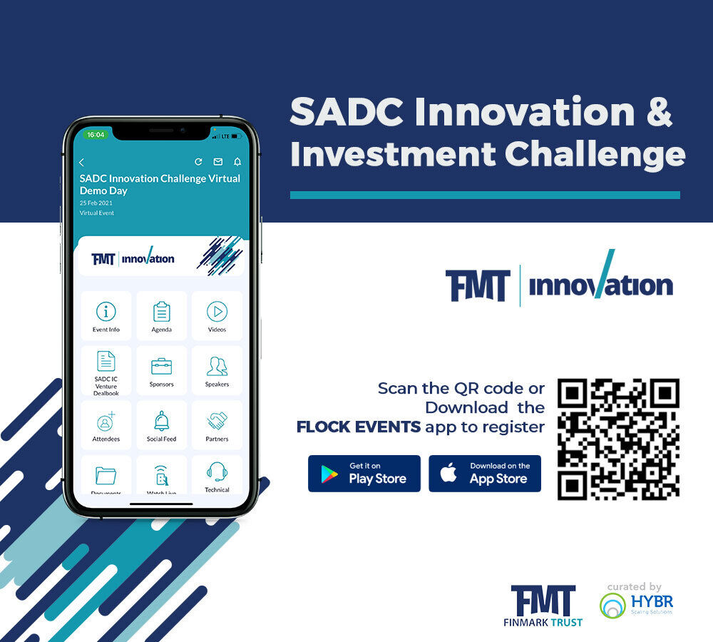 Finmarktrust's tweet photo. Join us on the Flock Events App to be a part of the #SADCInnovation &amp; Investment Challenge journey. See the event, ventures, speakers &amp; more.

Android: https://t.co/AYJ3NZXDXw

IOS: https://t.co/nHoGXWMsvf

Register for the Virtual Demo Day: https://t.co/7JQjemBSL3 https://t.co/mYqnfYJjKL