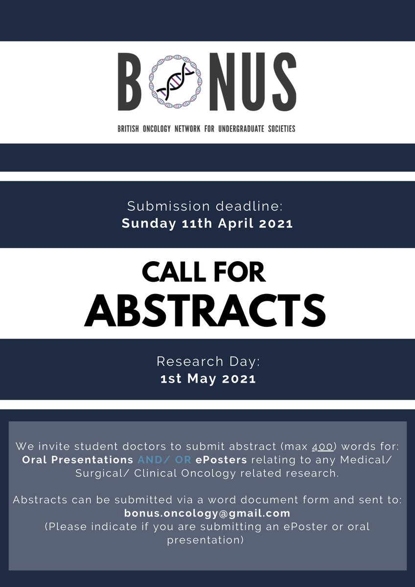 BONUS (@bonusoncsoc) on Twitter photo The BONUS Oncology Research day for Student & Junior Doctors will take place on 1st May 2021!
Submit your medical, clinical and surgical oncology abstracts to bonus.oncology@gmail.com
Abstract closing date: 11 April 2021 The BONUS Oncology Research day for Student & Junior Doctors will take place on 1st May 2021!
Submit your medical, clinical and surgical oncology abstracts to bonus.oncology@gmail.com
Abstract closing date: 11 April 2021