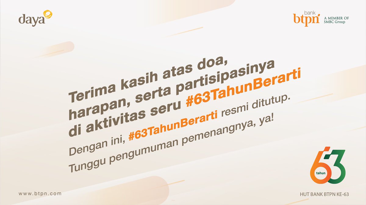 smbc_indonesia's tweet photo. Terima kasih atas partisipasinya di #63TahunBankBTPN!⁣
⁣
Tunggu pengumuman pemenangnya, ya! Semoga Anda menjadi salah satu yang beruntung!⁣
⁣
#LebihBerarti https://t.co/d8hasoVfJw