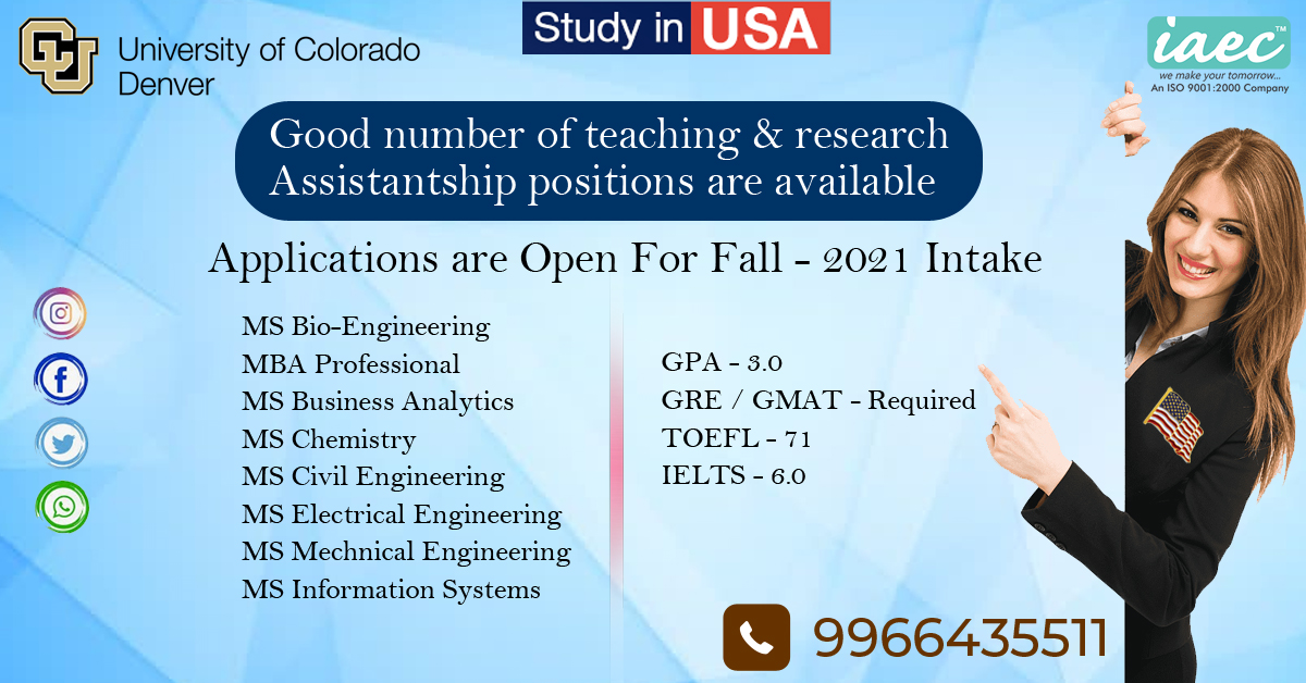 University of Colorado Denver, USA is a rated University offering quality education with many assistantships. Apply now for Fall - 2021 Intake.
#UniversityofColoradoDenver #fall2021 #studyinusa #Assistantships