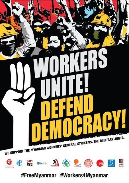 PSIglobalunion's tweet photo. PSI stands in solidarity with the brave workers' in #Mynamar and supports the general strike to defend #democracy from the military junta. 

#Workers4Myanmar 
#FreeMyanmar
#Strike4democracy https://t.co/tEXgzhjb9U