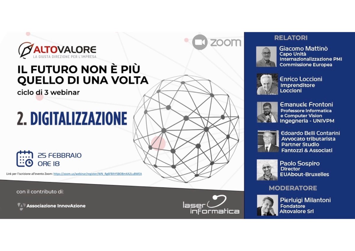 Il 25/02 (h 18) Edoardo Belli Contarini, partner di <a href="/StudioFantozzi/">Fantozzi e Associati</a>, interverrà al webinar di Altovalore «Il futuro non è più quello di una volta – Digitalizzazione». L’avvocato illustrerà agevolazioni fiscali relative a innovazioni, digitalizzazione, robotica, I.A..