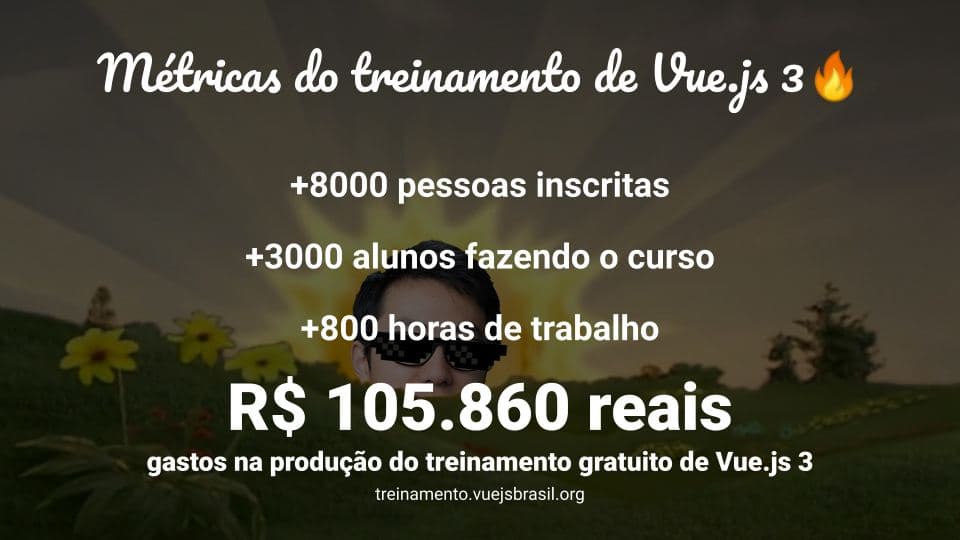 Vue.js Brasil (@vuejs_brasil) on Twitter photo Métricas do treinamento de Vue.js 3
+8000 pessoas inscritas!
+3000 alunos cursando
+800 horas de trabalho
+100.000 reais gastos na produção do treinamento
Isso mesmo! é a soma dos valores gastos em plataformas, softwares e valor hora das pessoas envolvidas na produção do curso. Métricas do treinamento de Vue.js 3
+8000 pessoas inscritas!
+3000 alunos cursando
+800 horas de trabalho
+100.000 reais gastos na produção do treinamento
Isso mesmo! é a soma dos valores gastos em plataformas, softwares e valor hora das pessoas envolvidas na produção do curso.