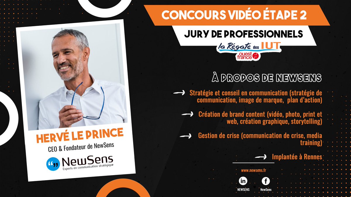 regatedesiutoff's tweet photo. 📹Concours vidéo📹

Notre troisième et dernier jury de professionnel est Hervé Le Prince, fondateur et directeur de l’agence de communication stratégique et d’influence NewSens depuis 2006. 👨 https://t.co/sVcff0tSKW