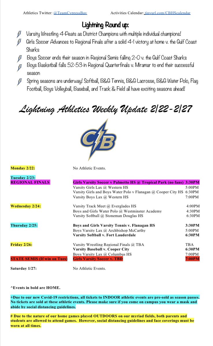 The week ahead! <a href="/cbgirlssoccer/">CBGirlsSoccer⚽️</a> still alive in post-season and spring sports in full swing—check it out! @PrincipalCBHS <a href="/MisterWass954/">Jeffrey Wasserman</a> <a href="/BCAA_Sports/">BCAA Sports</a> @TheBay_TF <a href="/CB_Softball/">Cypress Bay Softball</a> <a href="/TheBayBaseball/">The Bay Baseball</a> ⚽️⚾️🥎🎾🥍🤼‍♂️🤽🏽‍♂️🤽🏼