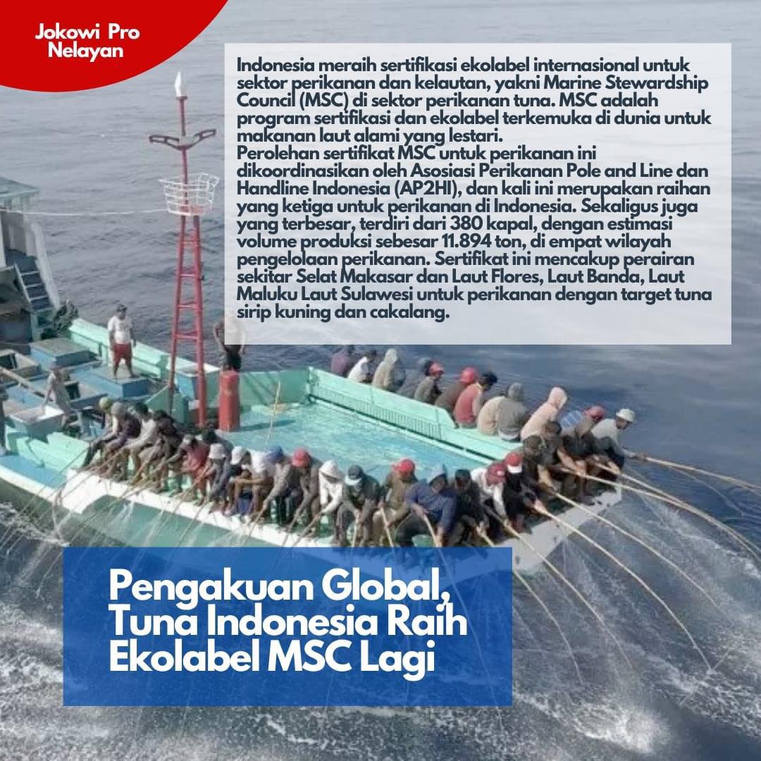 arumdalu151's tweet photo. Meski pandemi, Indonesia tetap menorehkan prestasi di level dunia. Diraihnya sertifikasi ekolabel internasional sektor perikanan &amp; kelautan,yakni MSC di sektor perikanan tuna.Program sertifikasi &amp; ekolabel terkemuka dunia utk makanan laut alami yg lestari.
#IndonesiaMaju
#Jokowi https://t.co/NtxldBHfRs
