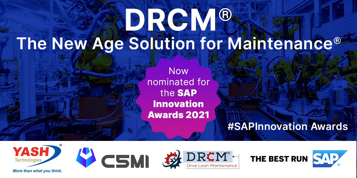 YASH_Tech's tweet photo. @c5mi_yash's (a @YASH_Tech company) Digital Reliability Centered Maintenance® is nominated for SAP Innovation Awards 2021. Know more. https://t.co/1Tq5yUl93Q
#SAPInnovation #DRCM #C5MI #SAP #SAPPartners #SAPInnovationAwards @derekrdyer @JohnGretter @MartyGroover @SAP https://t.co/PvoPyljNxF