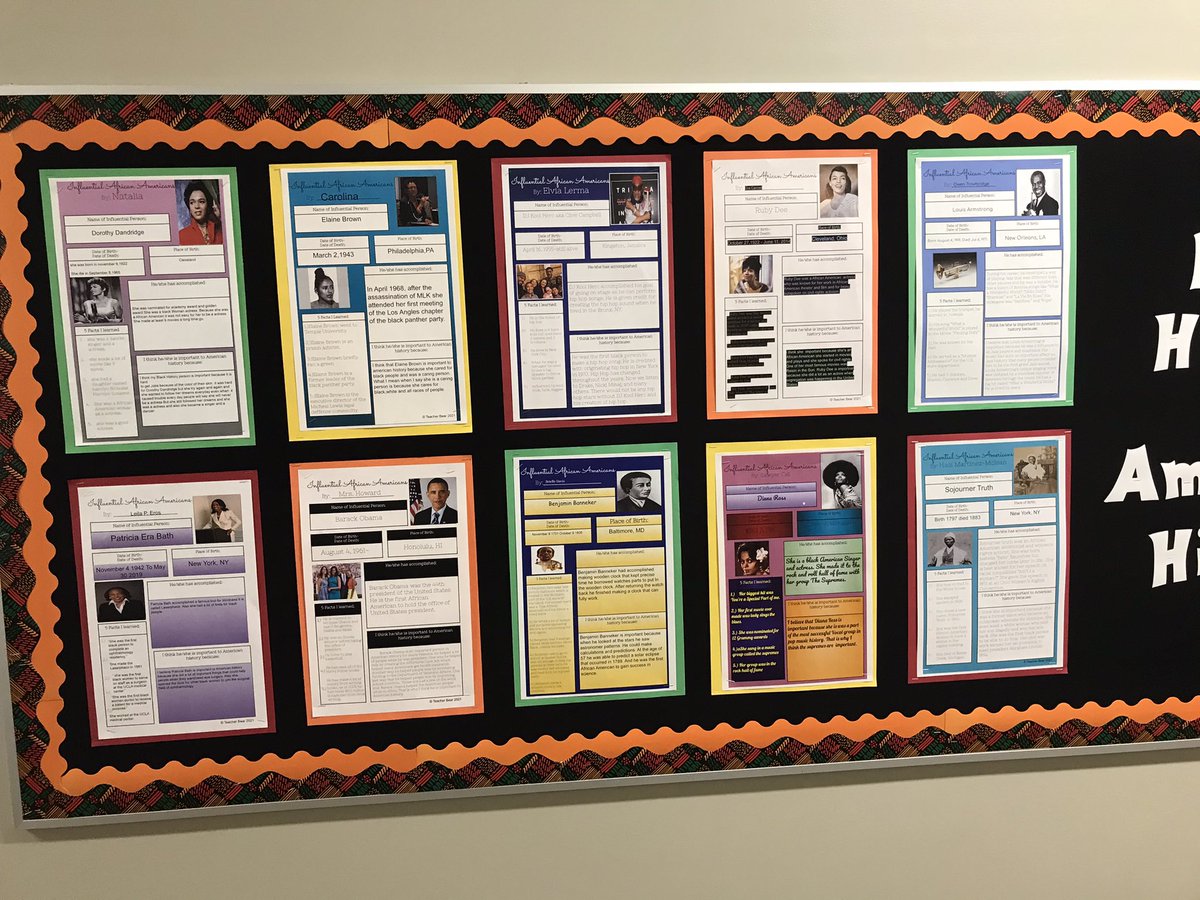 Mrshowardlr's tweet photo. We finished our bulletin board for Black History Month! These are student created and they will present them to their classmates. With the exception of Barack Obama (teacher example) all of these influential people were unknown to the students ❤️. They enjoyed working on this! https://t.co/UPISv7LGAc