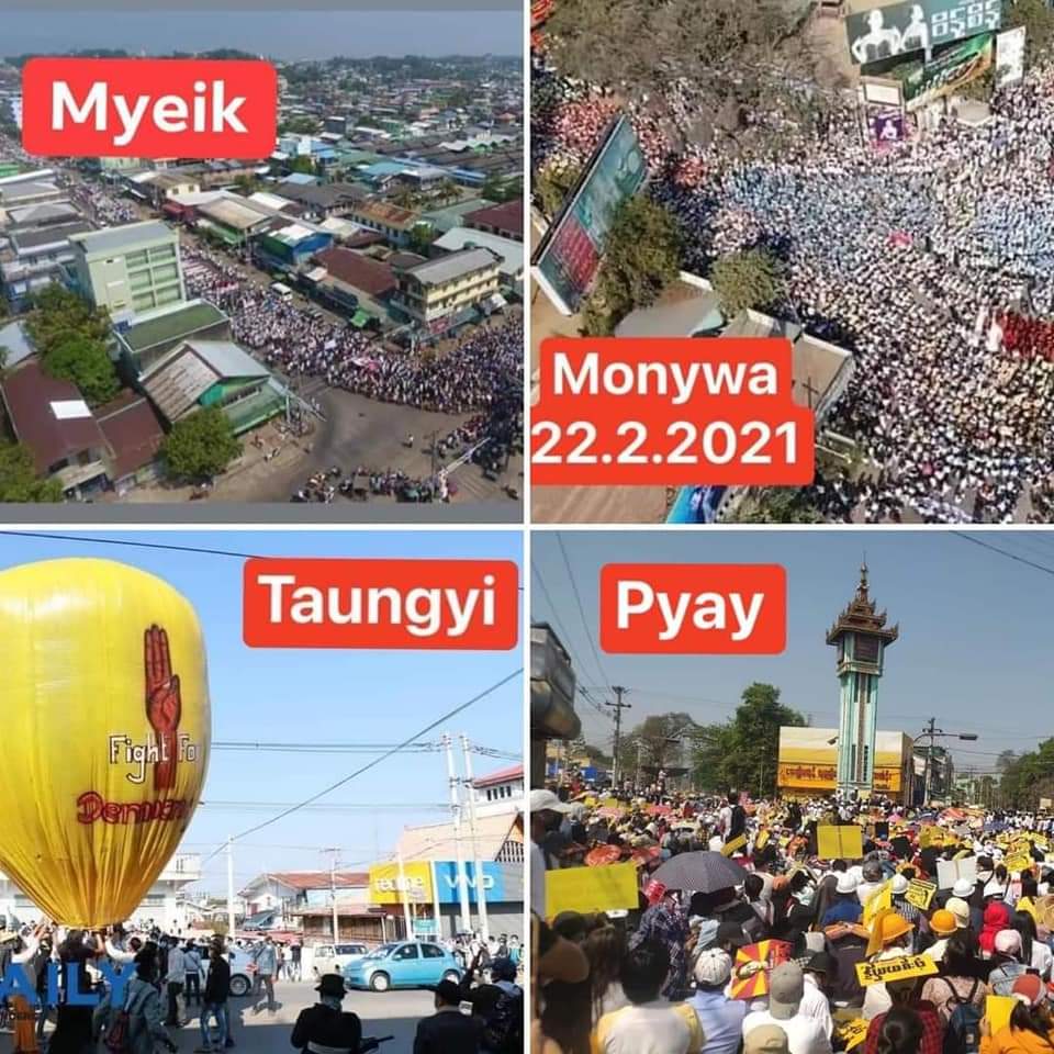 Naingmin234's tweet photo. @KenRoth Ignoring the juntaβs ugly threats of lethal force broadcast yesterday, the people of #Myanmar turned out today in a massive nationwide wave of peace. The five twoβs! #22222Revolution #22222Myanmar #WhatIsHappeningInMyanmar
#22FebCoup https://t.co/0vcudTJejO