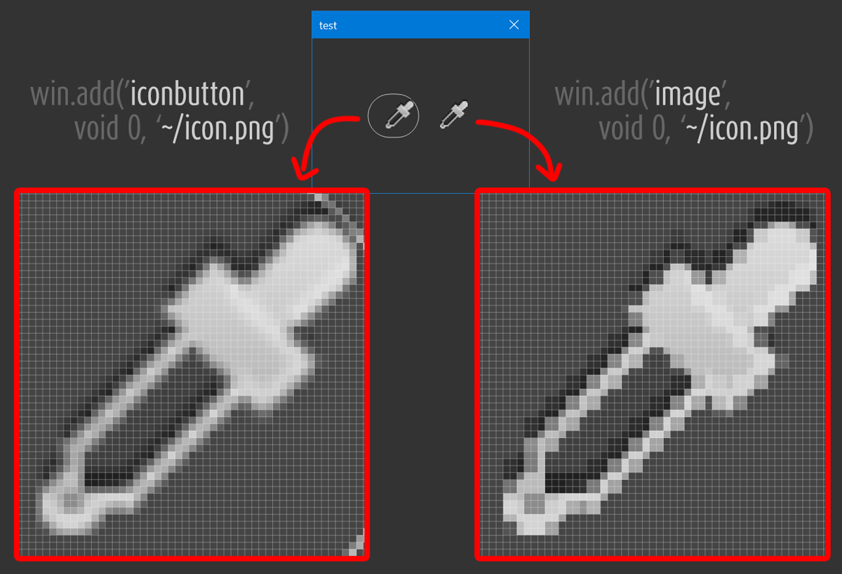 indiscripts's tweet image. Clearly #ScriptUI does not use the same algorithm when rendering an IconButton and an Image (based on the same PNG.) Notice how smoother is the IconButton! The difference is sensible on HiDPI displays [tested in Win10.] Question is, how to get an Image rendered as an IB?