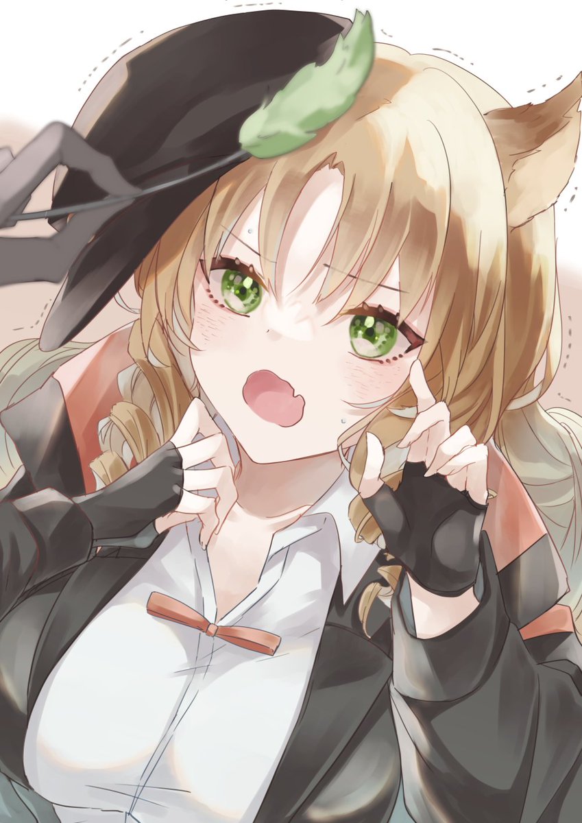 swire (arknights) 1girl animal ears green eyes gloves black gloves fang shirt  illustration images