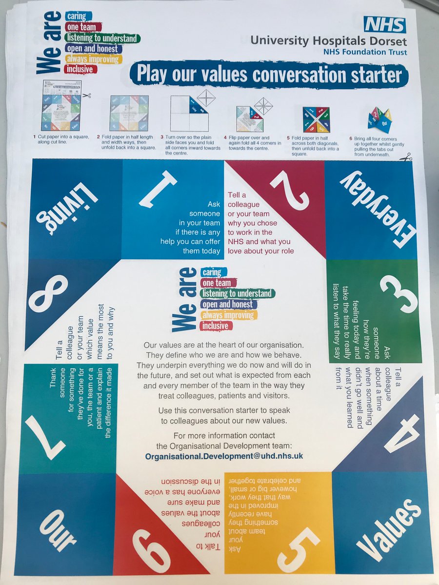 nikki_greenall's tweet photo. Have you tried the new ‘values conversation starter’? Available on the hubs @UHD_NHS 
Have a chat with your team and ask each other our values questions to get the conversation started #UHDValues https://t.co/PnHbRB7F8H