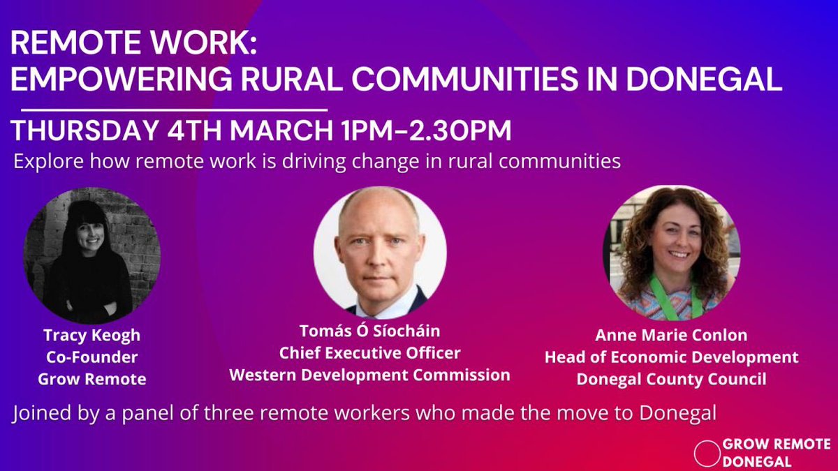 GrowDonegal's tweet image. Interested in how #remotework impacts rural communities &amp;amp; what can be done to facilitate this movement? Join us for “Remote Work: Empowering Rural Communities in #Donegal” 4th March, 1pm. Register FREE ➡️ bit.ly/2Nelpbt #wfh #WorkFromAnywhere #WorkFromHome #remote